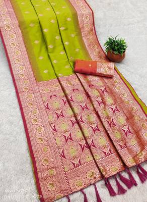 parrot green soft banarasi silk saree with meenakari zari work 2