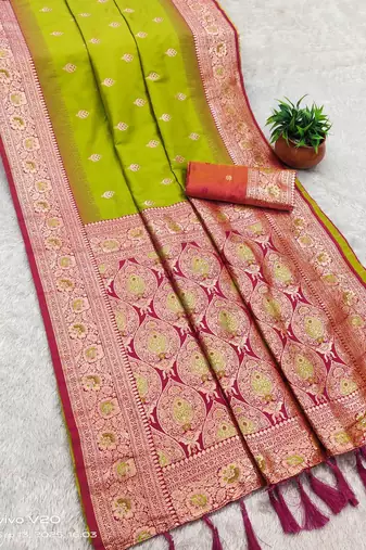 parrot green soft banarasi silk saree with meenakari zari work