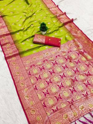parrot green soft banarasi silk saree with meenakari zari work 3