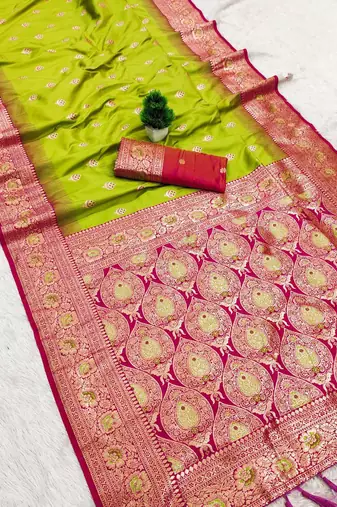 parrot green soft banarasi silk saree with meenakari zari work