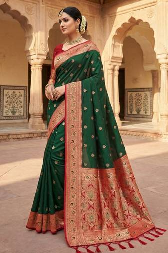 Green soft banarasi silk saree with zari weaving meenakari design