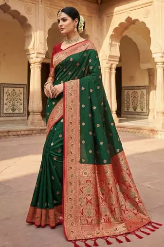 Green soft banarasi silk saree with zari weaving meenakari design