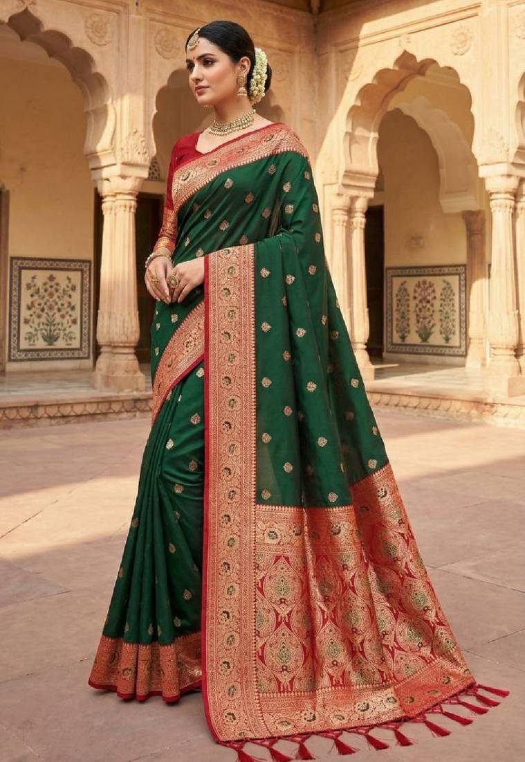 Green soft banarasi silk saree with zari weaving meenakari design