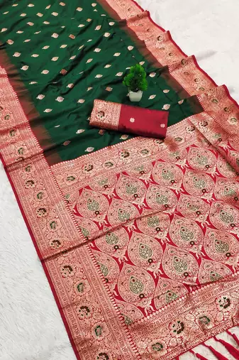 green soft banarasi silk saree with meenakari zari work