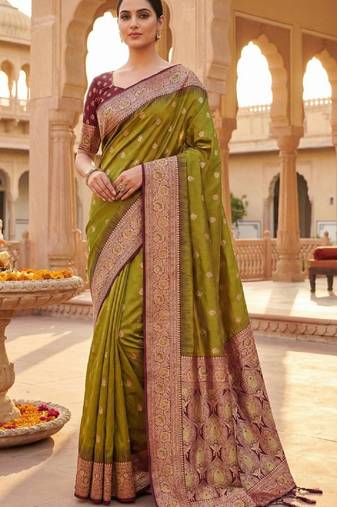 Mahendi  soft banarasi silk saree with zari weaving meenakari design