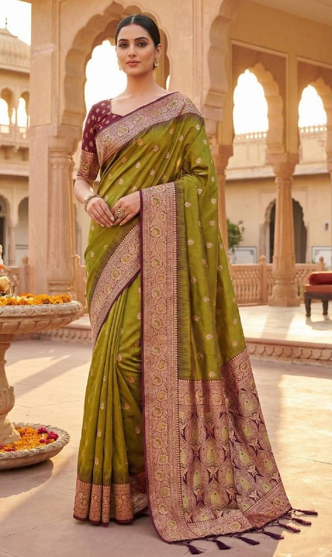 Mahendi  soft banarasi silk saree with zari weaving meenakari design