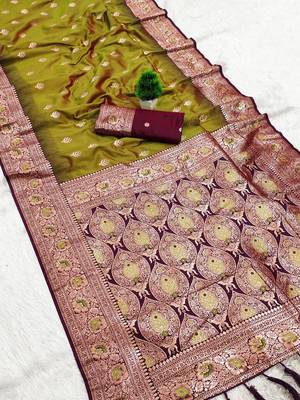 mehendi soft banarasi silk saree with meenakari zari work 2