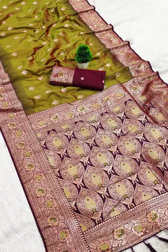 mehendi soft banarasi silk saree with meenakari zari work
