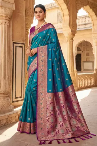 Sea green soft banarasi silk saree with zari weaving meenakari design