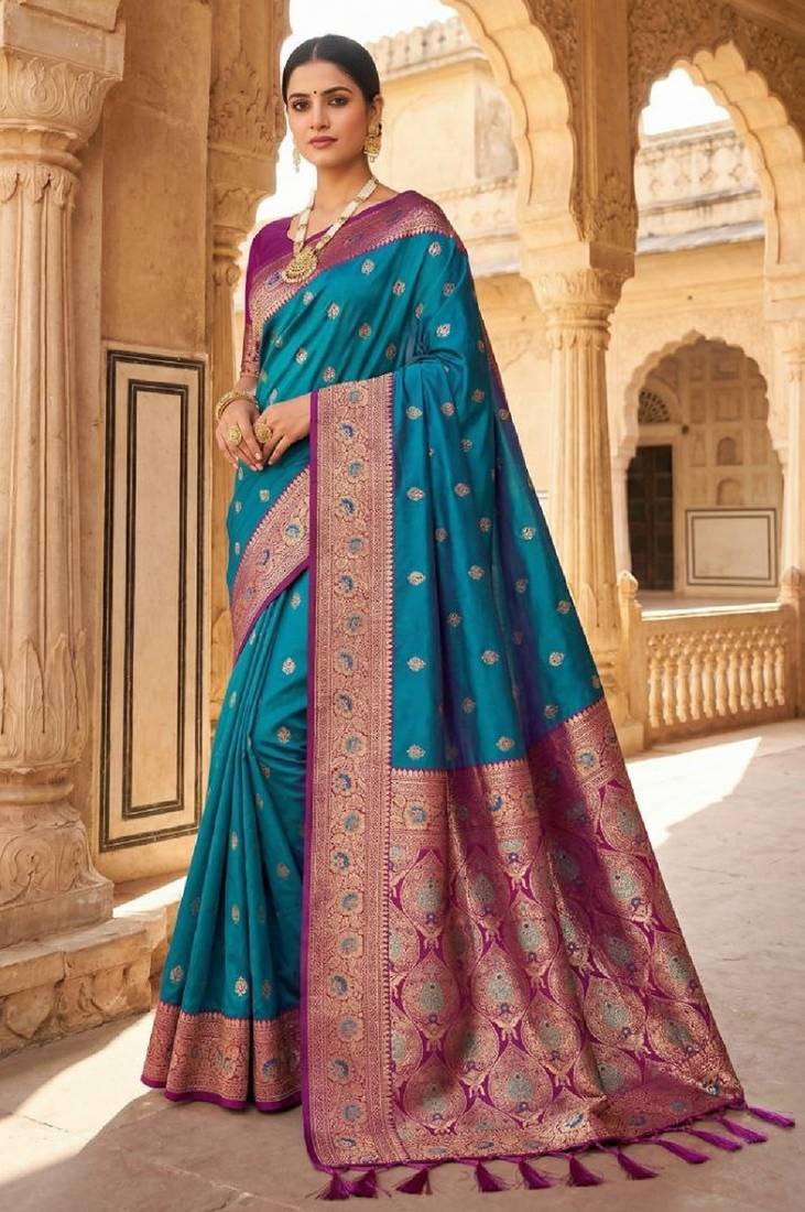 Sea green soft banarasi silk saree with zari weaving meenakari design