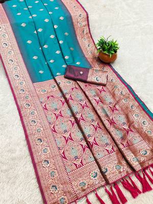 sea green soft banarasi silk saree with meenakari zari work 2