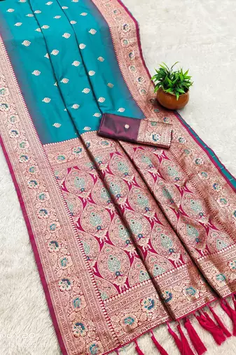 sea green soft banarasi silk saree with meenakari zari work