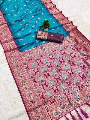 sea green soft banarasi silk saree with meenakari zari work 3