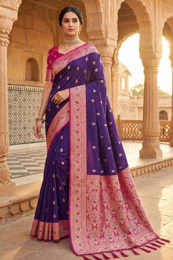Violet soft banarasi silk saree with zari weaving meenakari design