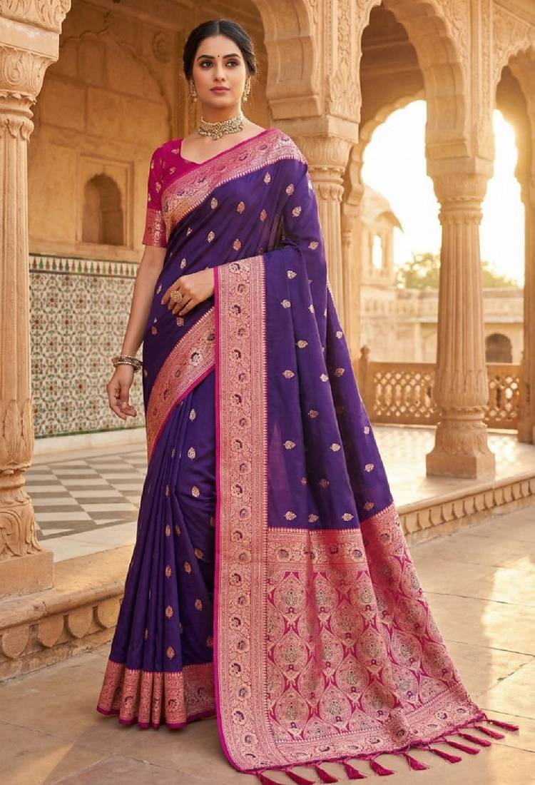 Violet soft banarasi silk saree with zari weaving meenakari design