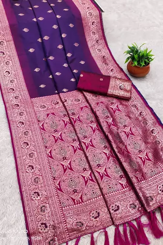violet soft banarasi silk saree with meenakari zari work
