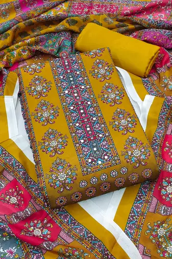 Women's yellow handwork chinnon dress material