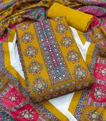 Women's yellow handwork chinnon dress material