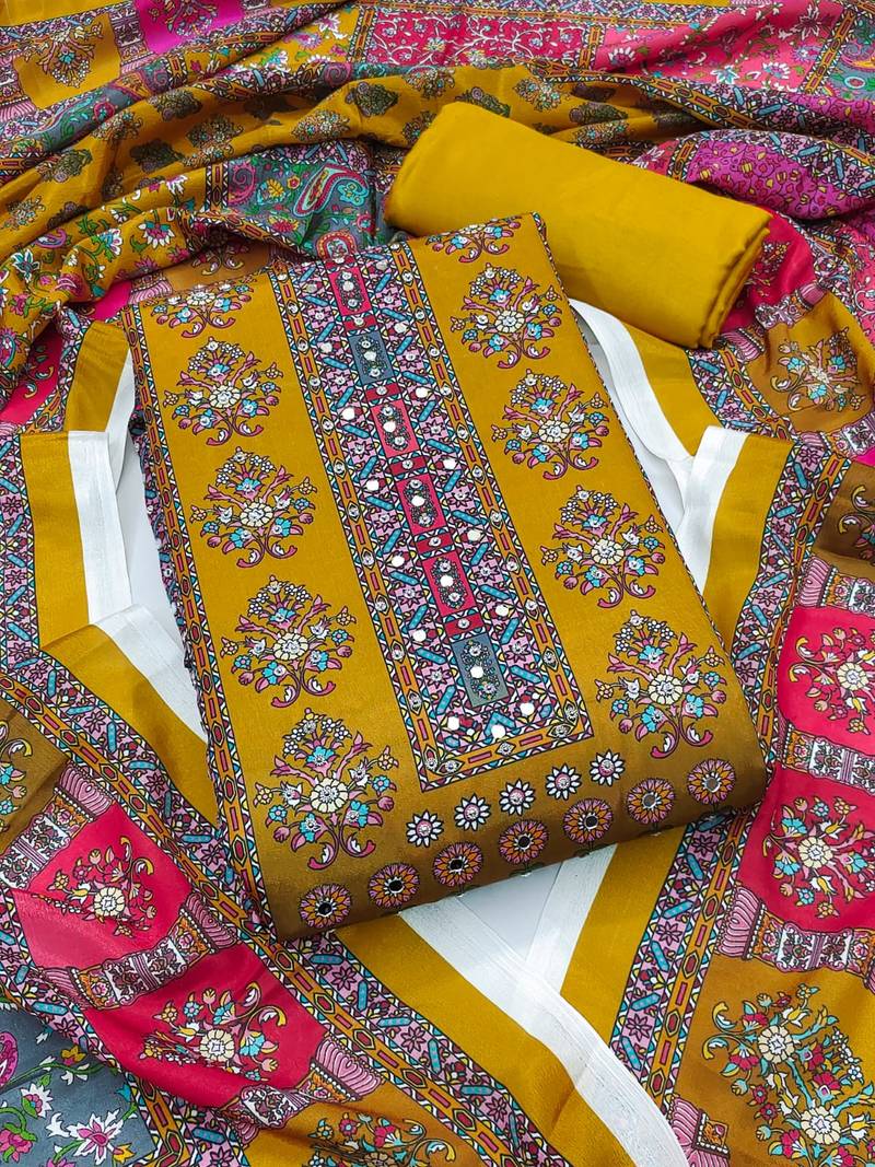 Women's yellow handwork chinnon dress material