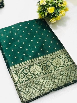 Green silk blend banarasi saree with unstitched blouse piece 5