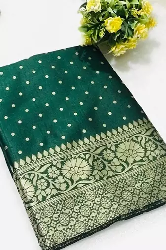 Green silk blend banarasi saree with unstitched blouse piece