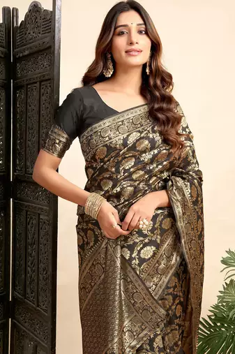 Black soft silk blend banarasi jacuard work designer party wear saree with unstitched blouse piece