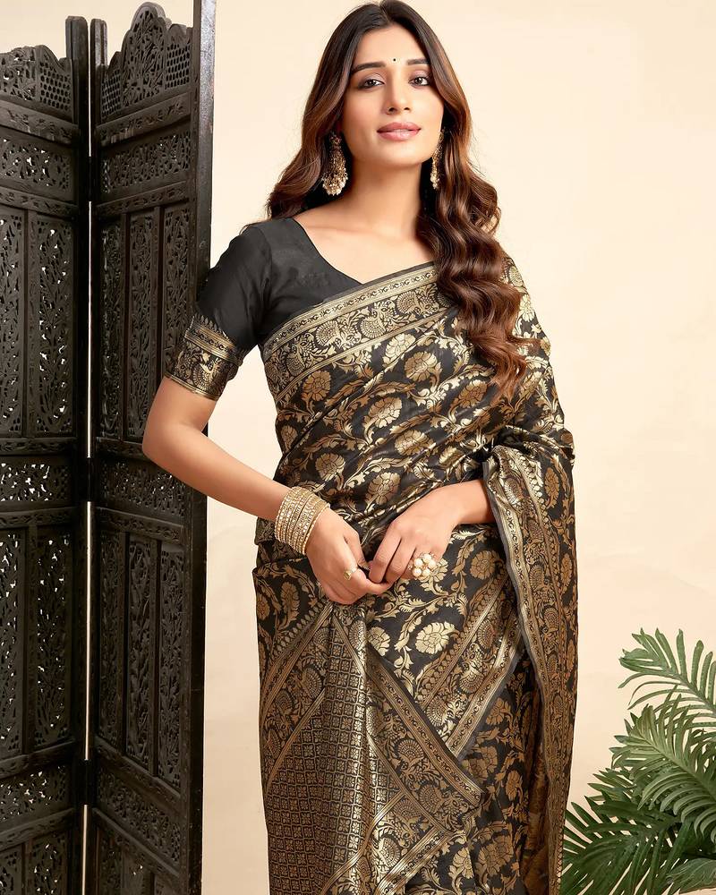 Black soft silk blend banarasi jacuard work designer party wear saree with unstitched blouse piece