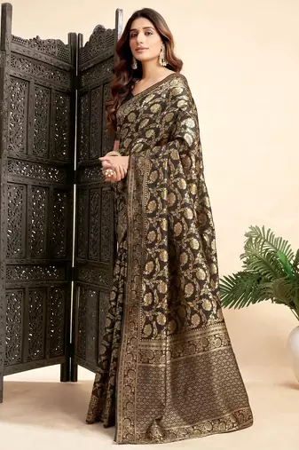 Black silk blend banarasi saree with unstitched blouse piece