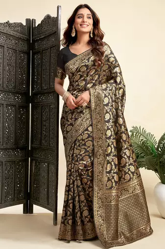 Black silk blend banarasi saree with unstitched blouse piece