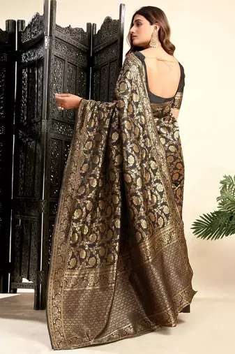 Black silk blend banarasi saree with unstitched blouse piece