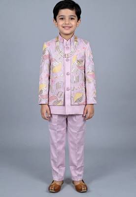 boys lilac satin sherwani trouser set with embroidered jacket 1