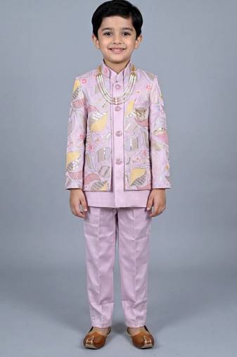 Boys lilac satin leaf embroidered sequined sherwani & trouser set with jacket