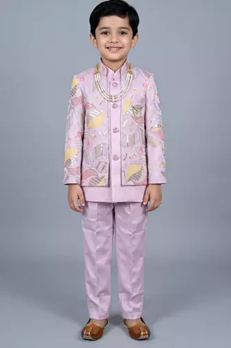 Boys lilac satin leaf embroidered sequined sherwani & trouser set with jacket