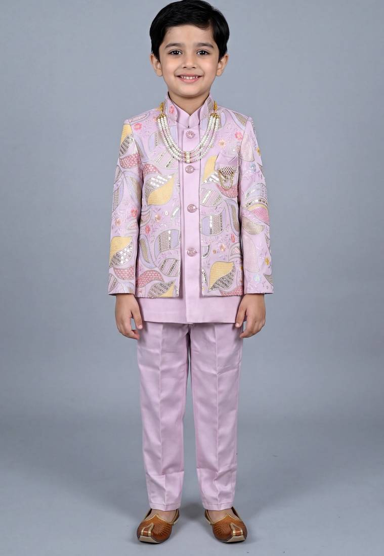 Boys lilac satin leaf embroidered sequined sherwani & trouser set with jacket