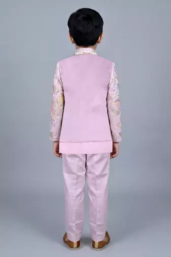 boys lilac satin sherwani trouser set with embroidered jacket