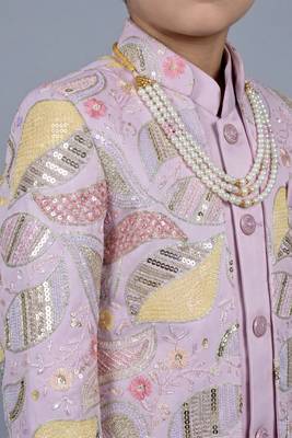 boys lilac satin sherwani trouser set with embroidered jacket 3