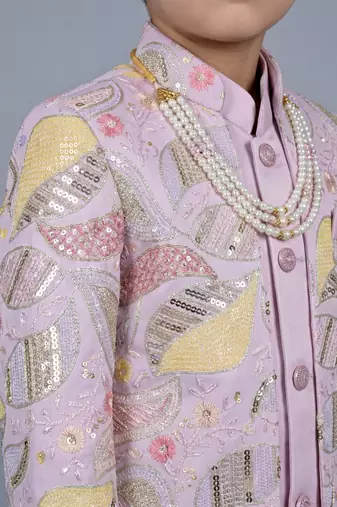 boys lilac satin sherwani trouser set with embroidered jacket