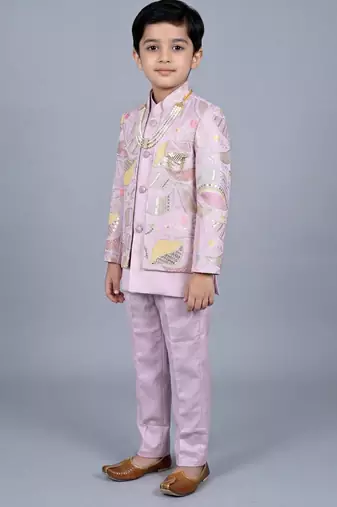 boys lilac satin sherwani trouser set with embroidered jacket