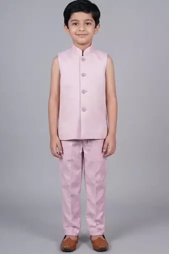 boys lilac satin sherwani trouser set with embroidered jacket