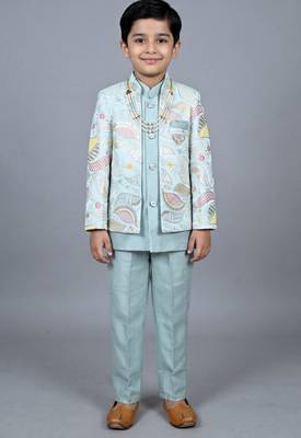 boys aqua blue satin sherwani trouser set with embroidered jacket 1