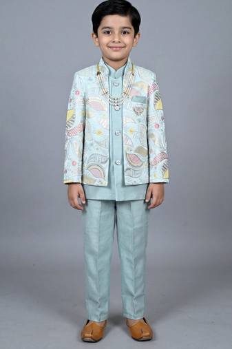 Boys aqua blue satin leaf embroidered sequined sherwani & trouser set with jacket