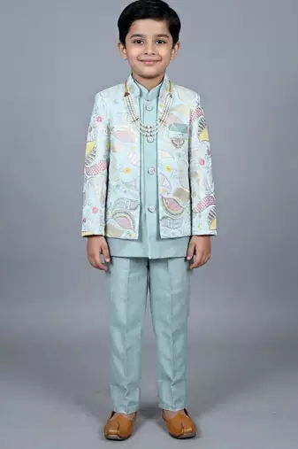 Boys aqua blue satin leaf embroidered sequined sherwani & trouser set with jacket