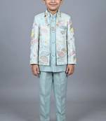 boys aqua blue satin sherwani trouser set with embroidered jacket