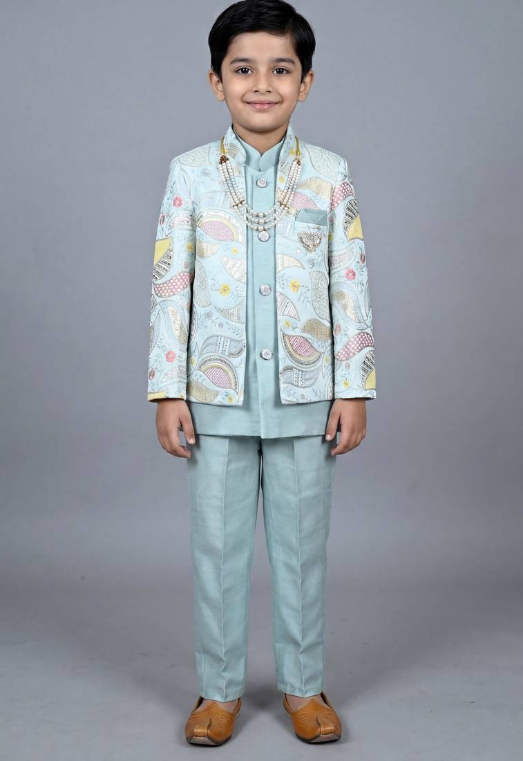 Boys aqua blue satin leaf embroidered sequined sherwani & trouser set with jacket