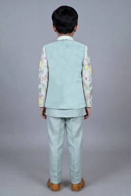 boys aqua blue satin sherwani trouser set with embroidered jacket 2