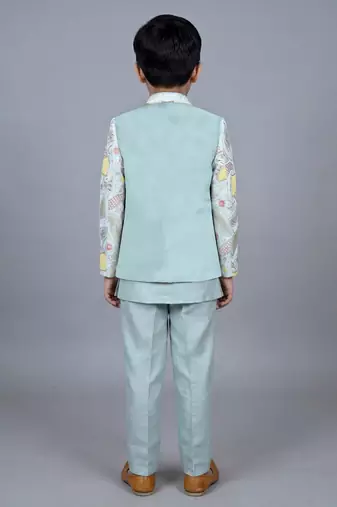 boys aqua blue satin sherwani trouser set with embroidered jacket