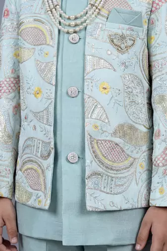 boys aqua blue satin sherwani trouser set with embroidered jacket