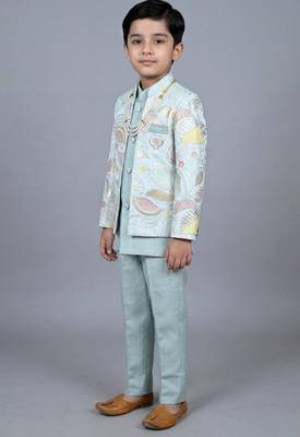 boys aqua blue satin sherwani trouser set with embroidered jacket 4