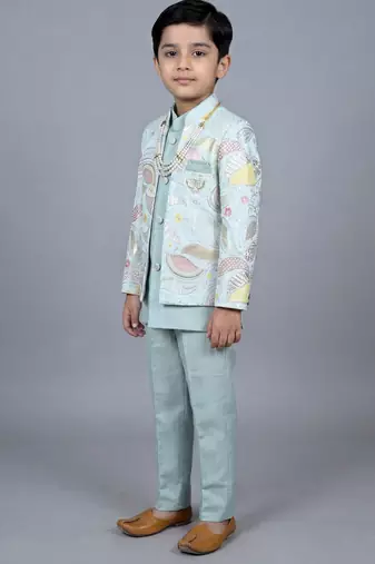 boys aqua blue satin sherwani trouser set with embroidered jacket