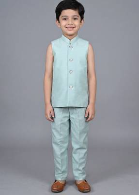 boys aqua blue satin sherwani trouser set with embroidered jacket 5